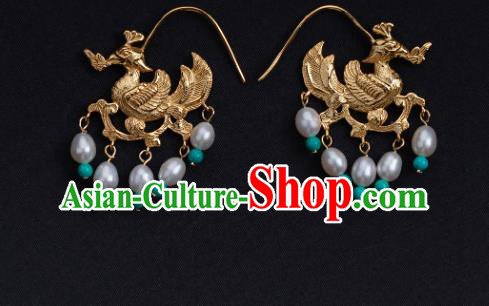 Chinese Ancient Song Dynasty Queen Pearls Ear Jewelry Traditional Empress Golden Phoenix Earrings Accessories