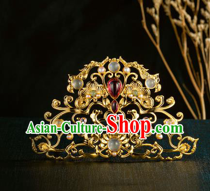Chinese Traditional Tang Dynasty Golden Hair Crown Handmade Pearls Hairpins Ancient Wedding Hair Accessories