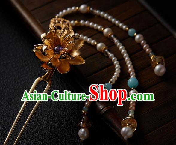 Chinese Traditional Tang Dynasty Golden Lotus Hair Stick Ancient Princess Pearls Tassel Hairpin