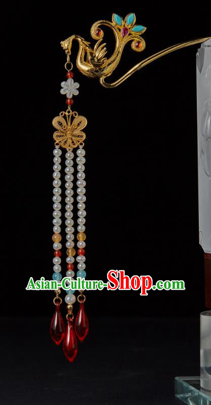 Chinese Ancient Empress Tassel Hairpin Traditional Ming Dynasty Golden Phoenix Hair Stick