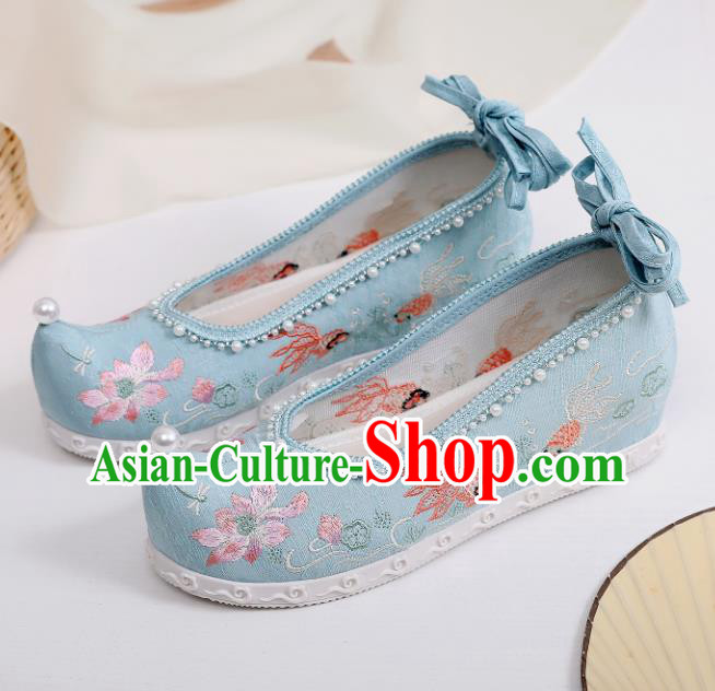 China Embroidered Lotus Shoes Hanfu Bow Shoes Traditional Pearls Shoes Handmade National Blue Cloth Shoes