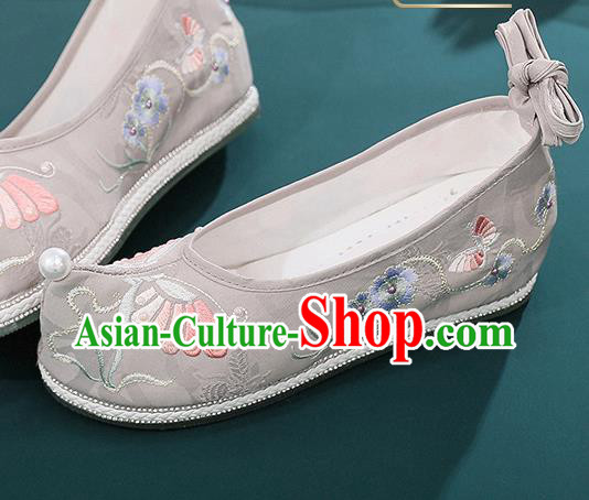 China Handmade National Grey Cloth Shoes Traditional Ming Dynasty Shoes Embroidered Butterfly Shoes Hanfu Bow Shoes