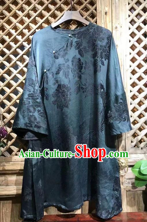 China National Tang Suit Upper Outer Garment Costume Traditional Jacquard Peony Pattern Navy Silk Shirt