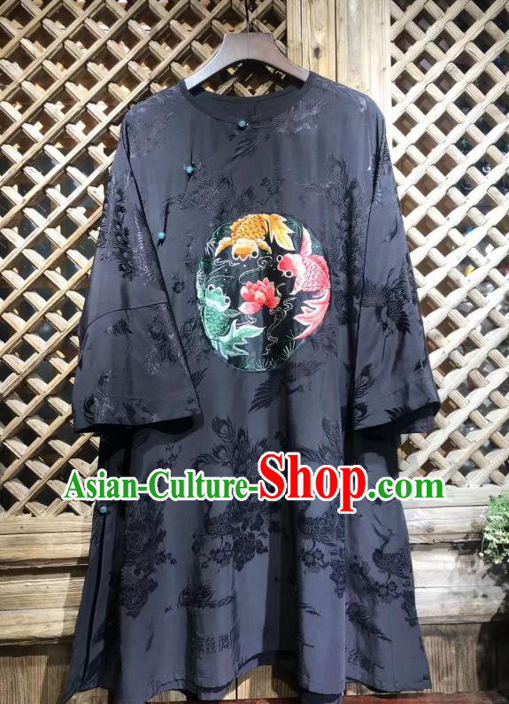 China National Tang Suit Upper Outer Garment Costume Traditional Peacock Pattern Navy Silk Shirt Embroidered Lotus Fish Blouse