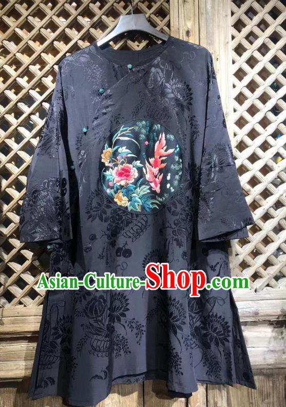 China Embroidered Peony Fish Blouse National Tang Suit Upper Outer Garment Costume Traditional Chrysanthemum Pattern Navy Silk Shirt