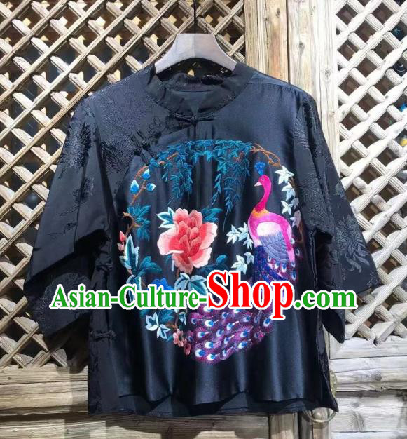 China National Tang Suit Blouse Upper Outer Garment Traditional Embroidered Peony Peacock Navy Silk Shirt
