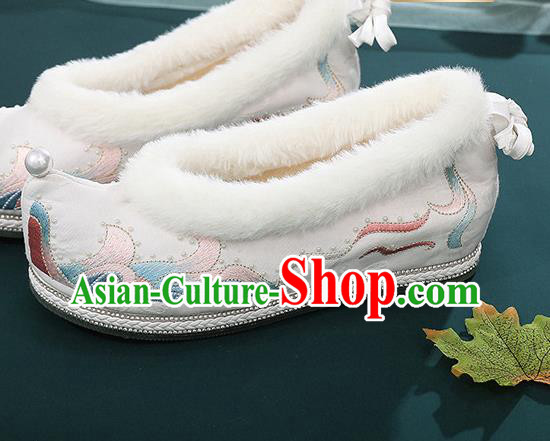 China Embroidered Shoes Hanfu Bow Shoes Traditional Winter Shoes Handmade National White Cloth Shoes