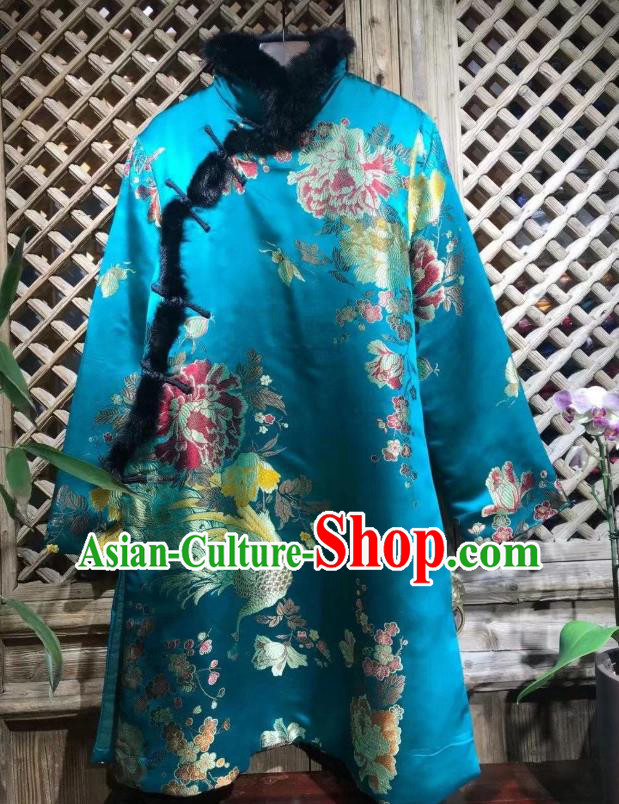 China Traditional Peacock Peony Pattern Jacket National Tang Suit Outer Garment Classical Blue Silk Cotton Wadded Coat