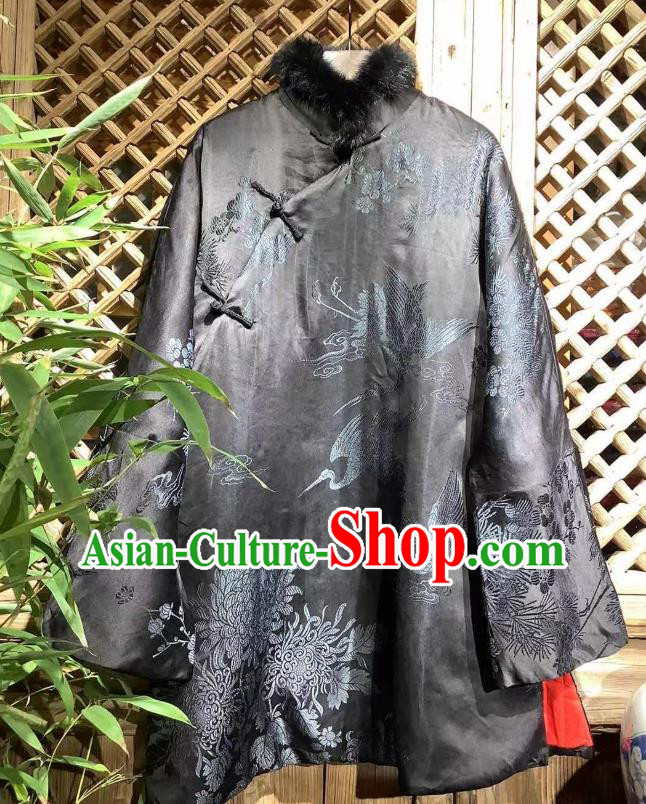 China Classical Black Silk Cotton Wadded Coat Traditional Chrysanthemum Pattern Jacket National Tang Suit Outer Garment