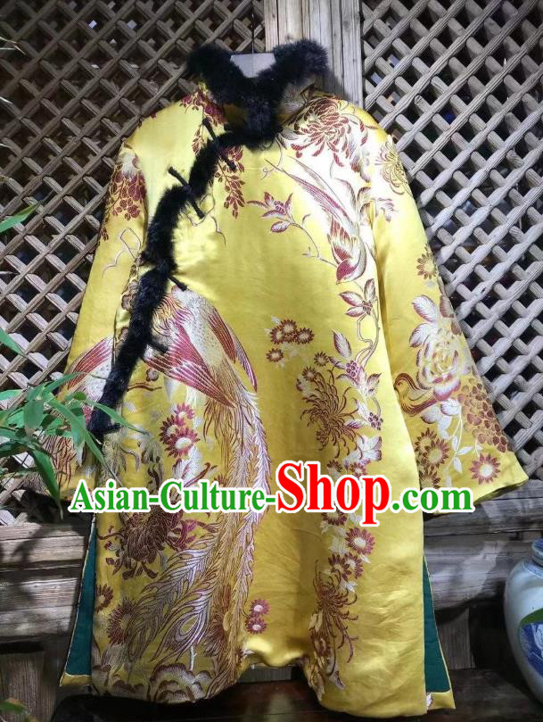 China Traditional Yellow Silk Cotton Wadded Jacket National Tang Suit Outer Garment Classical Chrysanthemum Pattern Coat