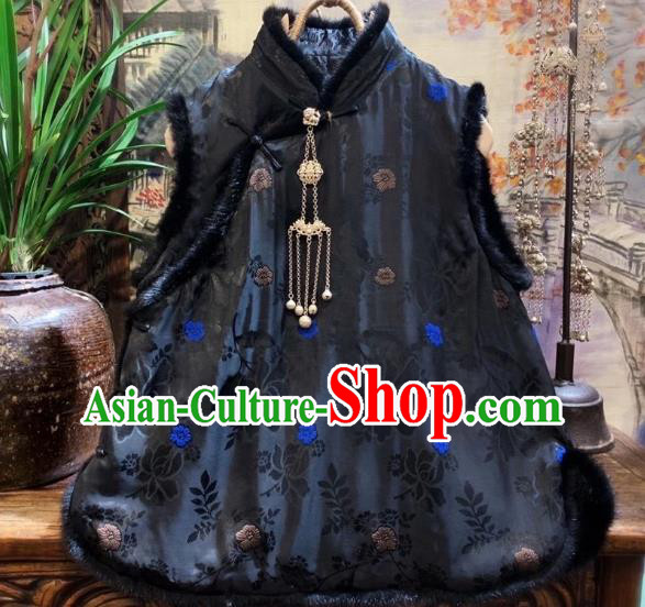 China Tang Suit Black Silk Waistcoat National Winter Vest Women Upper Outer Garment Clothing