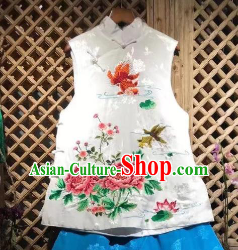 Republic of China Tang Suit White Silk Waistcoat Embroidered Peony Vest Clothing