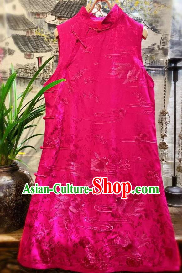 China Embroidered Goldfish Long Vest Tang Suit Rosy Silk Waistcoat National Women Clothing
