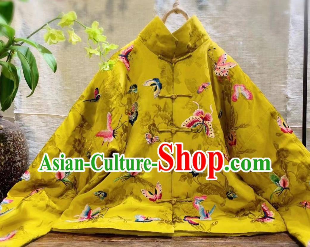 China Traditional Embroidered Butterfly Yellow Silk Jacket Cotton Padded Coat Tang Suit Clothing