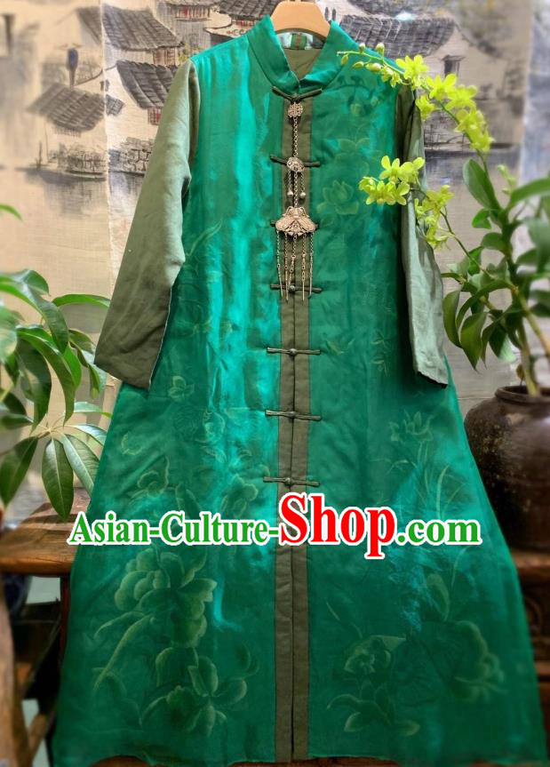 China Tang Suit Clothing National Outer Wear Traditional Green Silk Dust Coat