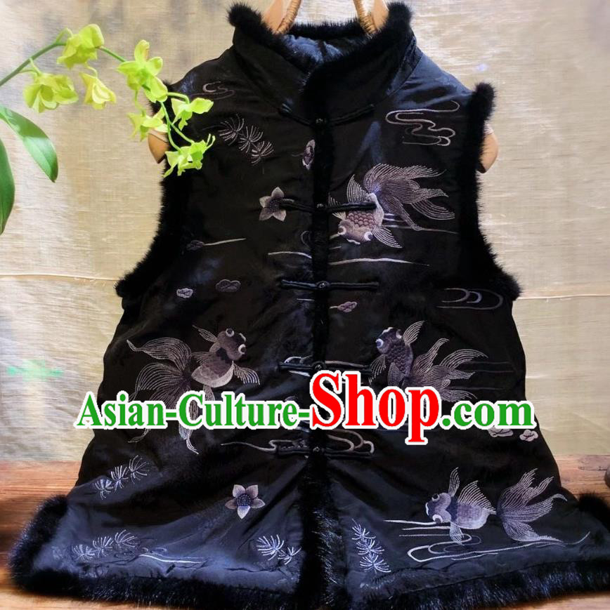 China National Clothing Embroidered Goldfish Winter Vest Tang Suit Black Silk Waistcoat