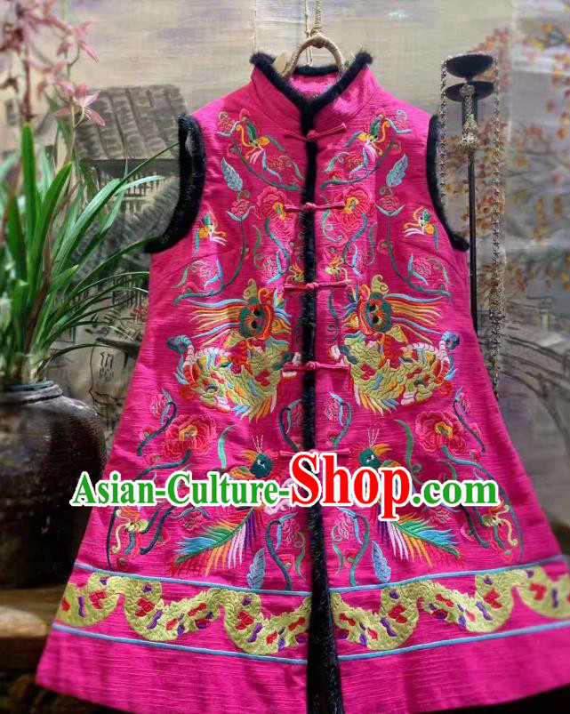 China National Winter Clothing Embroidered Rosy Vest Tang Suit Long Waistcoat