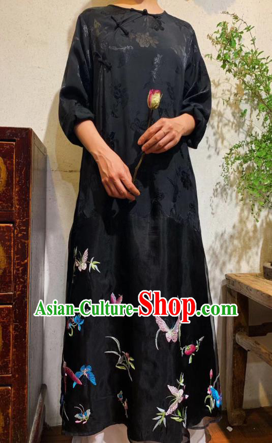 Chinese Traditional Embroidered Butterfly Long Qipao Dress National Black Silk Cheongsam Clothing