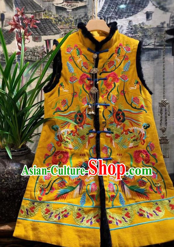 China Embroidered Dragons Yellow Vest Tang Suit Long Waistcoat National Winter Clothing