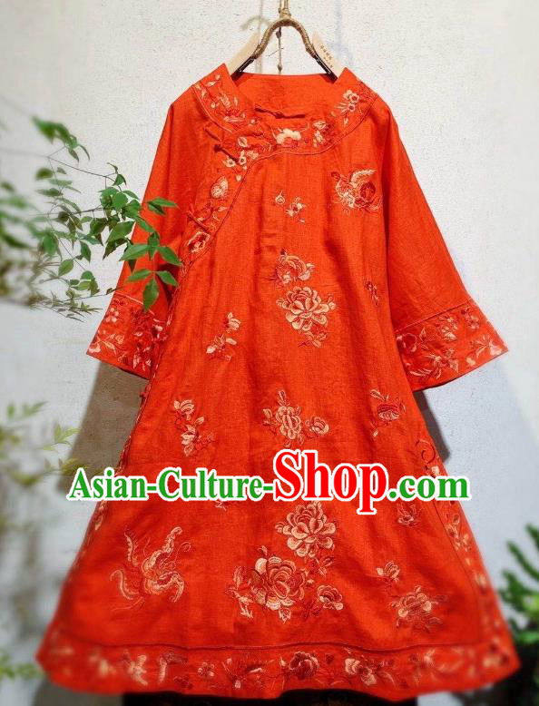 Chinese National Woman Clothing Embroidered Orange Flax Qipao Dress Traditional Round Collar Cheongsam