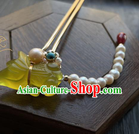 Chinese Handmade Pearls Tassel Hairpin Traditional Hanfu Hair Accessories Ancient Princess Topaz Goldfish Hair Stick