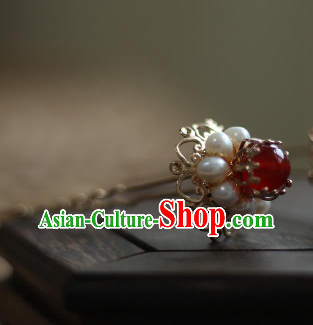 Chinese Handmade Golden Hair Stick Traditional Ming Dynasty Empress Red Bead Hairpin