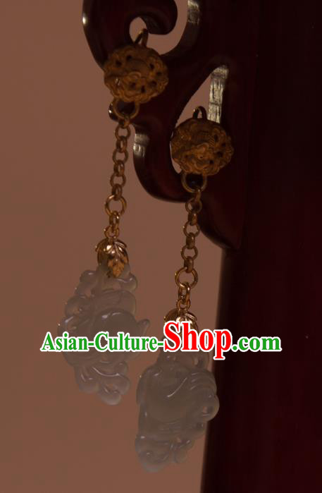 China Traditional Jade Phoenix Earrings Ancient Qing Dynasty Court Golden Ear Jewelry
