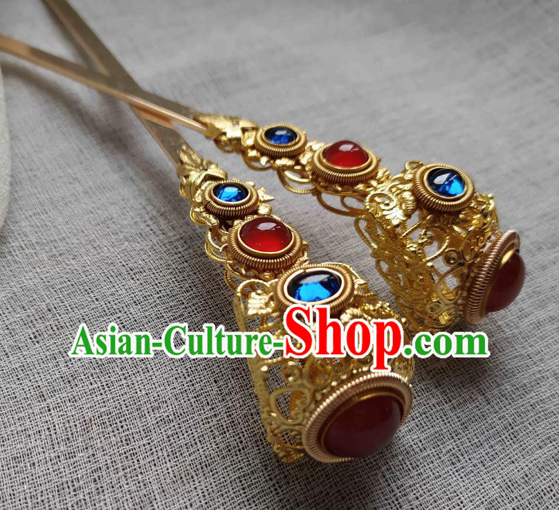 Chinese Handmade Ancient Gems Hairpin Traditional Ming Dynasty Empress Golden Hair Stick
