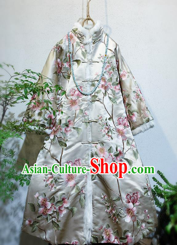 China National Embroidered Peach Blossom Outer Wear Traditional Argent Silk Dust Coat Tang Suit Clothing