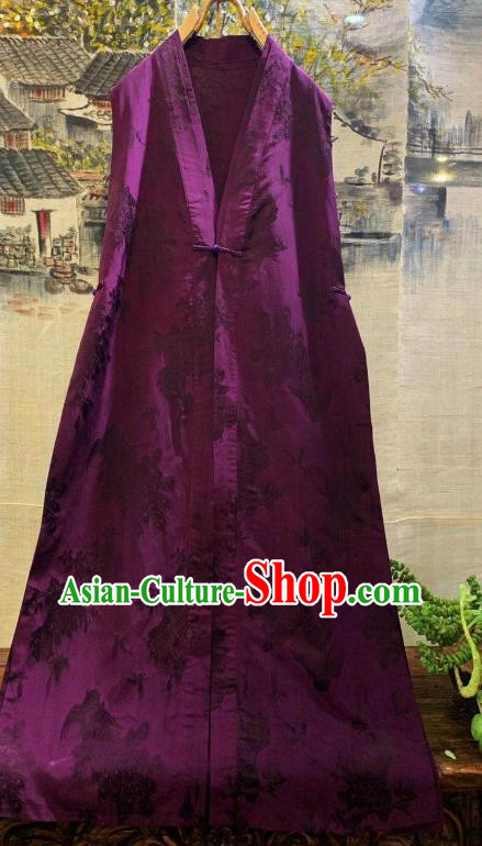 China National Clothing Embroidered Dragons Purple Silk Long Vest Tang Suit Waistcoat