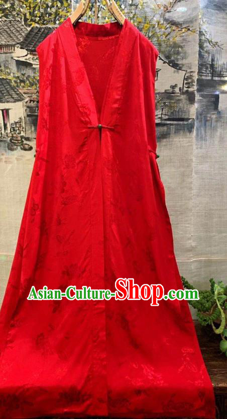 China Embroidered Dragons Red Silk Long Vest Tang Suit Waistcoat National Clothing