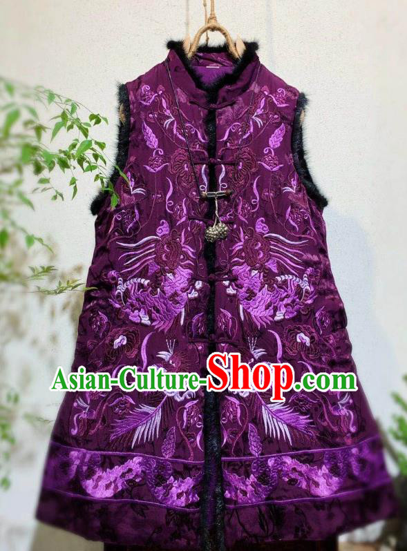 China Tang Suit Cotton Padded Waistcoat National Winter Clothing Embroidered Purple Silk Vest