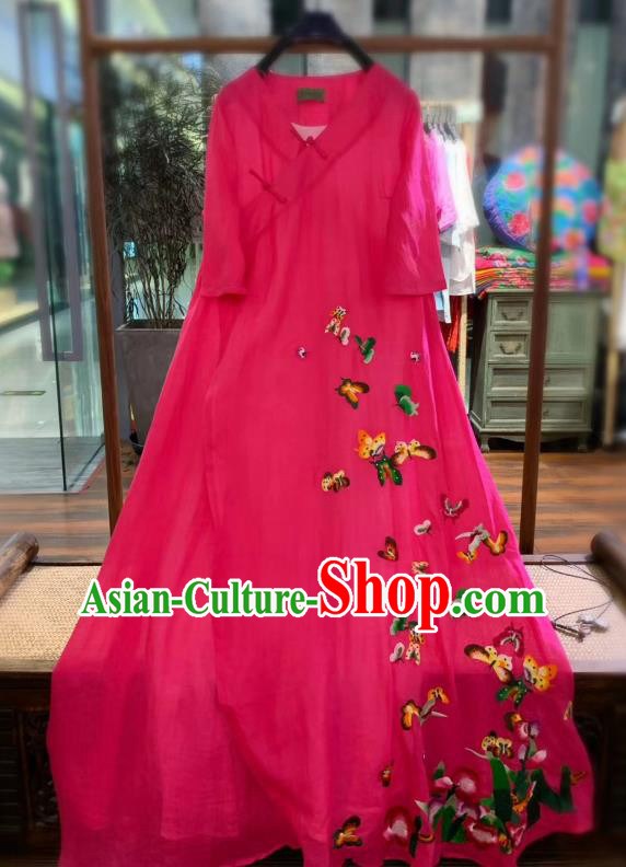 Chinese Traditional Embroidered Butterfly Long Qipao Dress National Rosy Flax Cheongsam Clothing