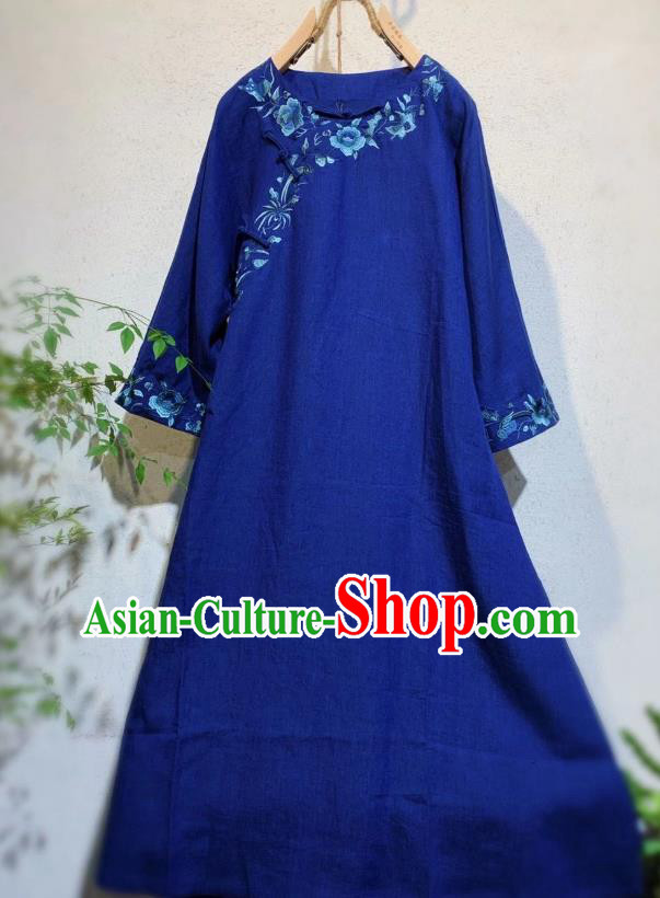 Chinese National Woman Clothing Embroidered Deep Blue Flax Qipao Dress Traditional Long Cheongsam
