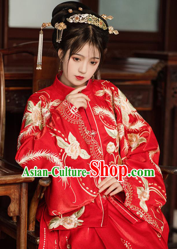 China Traditional Ming Dynasty Wedding Red Hanfu Dress Ancient Bride Historical Clothing for Women
