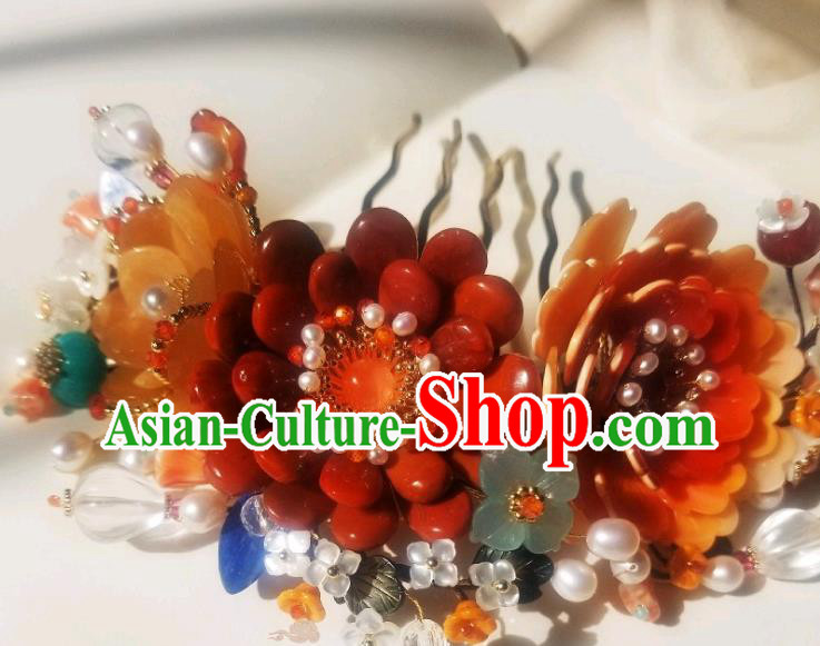 Chinese Handmade Pearls Hair Comb Traditional Ming Dynasty Princess Red Peony Hair Crown