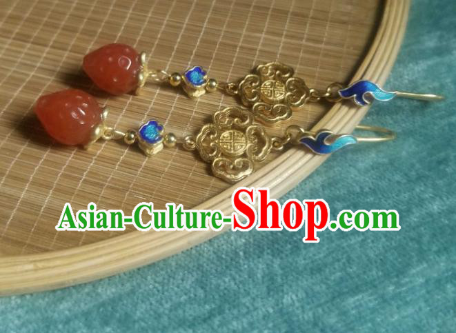 China Traditional Qing Dynasty Court Blueing Earrings Ancient Ming Dynasty Agate Strawberry Ear Jewelry