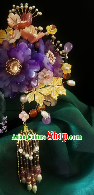 Chinese Handmade Purple Peony Hairpin Traditional Ming Dynasty Princess Pearls Tassel Hair Clip
