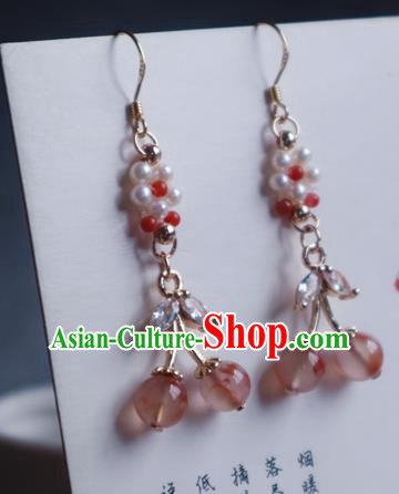 China Traditional Hanfu Crystal Earrings Ancient Ming Dynasty Princess Pink Beads Ear Jewelry