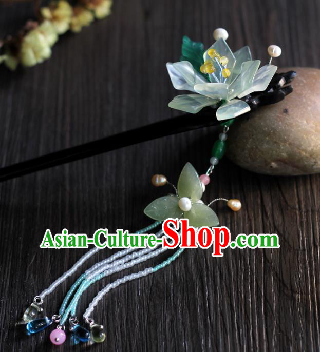 Chinese Handmade Ebony Hairpin Traditional Han Dynasty Princess Jade Mangnolia Tassel Hair Stick