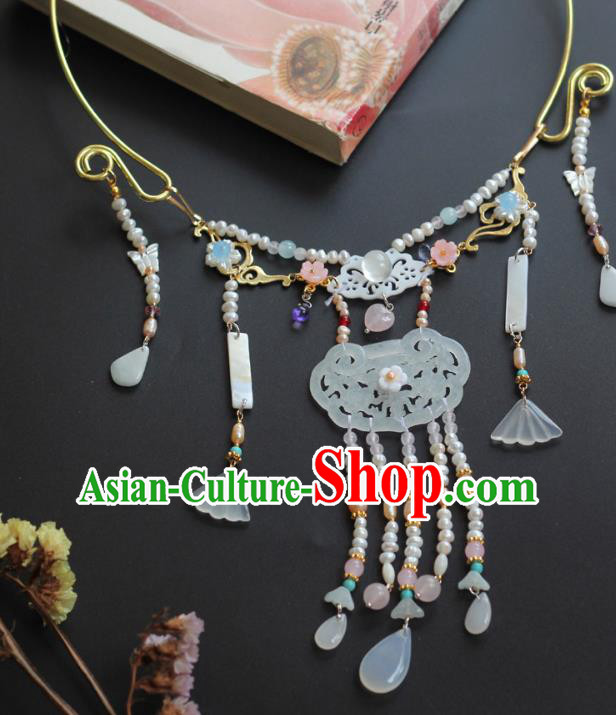 China Handmade Hanfu Jade Necklet Jewelry Traditional Ming Dynasty Pearls Tassel Longevity Lock Accessories