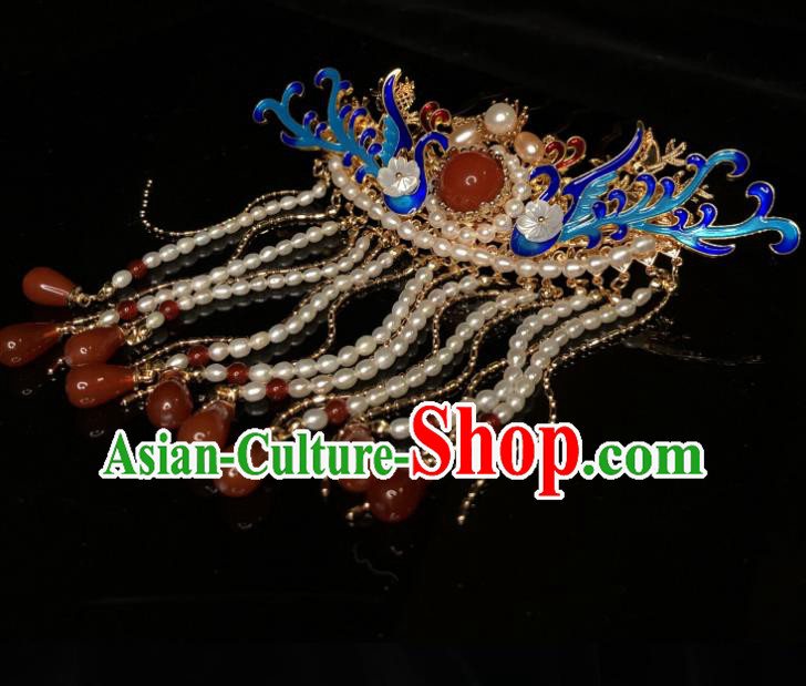 Chinese Traditional Ming Dynasty Blueing Phoenix Hair Stick Handmade Agate Tassel Hairpin
