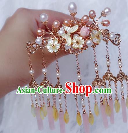 Chinese Handmade Yellow Shell Plum Hair Stick Traditional Ming Dynasty Princess Golden Tassel Hairpin