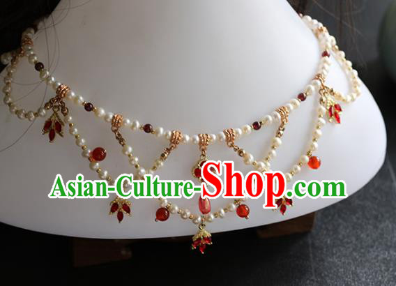China Traditional Hanfu Red Crystal Necklace Accessories Handmade Pearls Necklet Jewelry