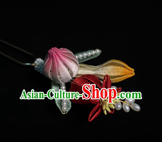 Chinese Handmade Silk Flowers Hair Stick Traditional Song Dynasty Princess Pearls Hairpin