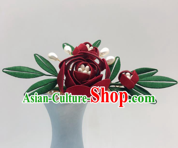 Chinese Handmade Red Rose Hair Stick Traditional Tang Dynasty Princess Hair Claw