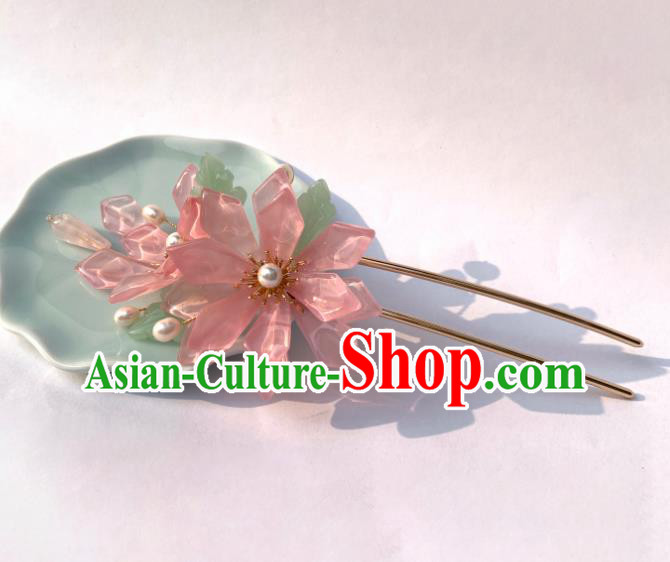 Chinese Handmade Peach Pink Flowers Hairpin Traditional Ming Dynasty Princess Hair Clip