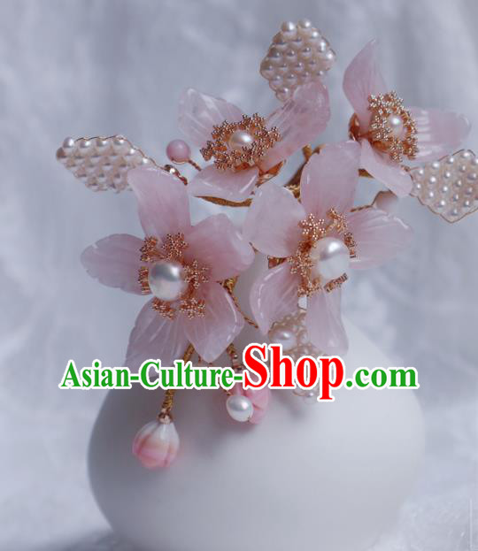 Chinese Handmade Pearls Hair Stick Traditional Ming Dynasty Princess Pink Mangnolia Hairpin