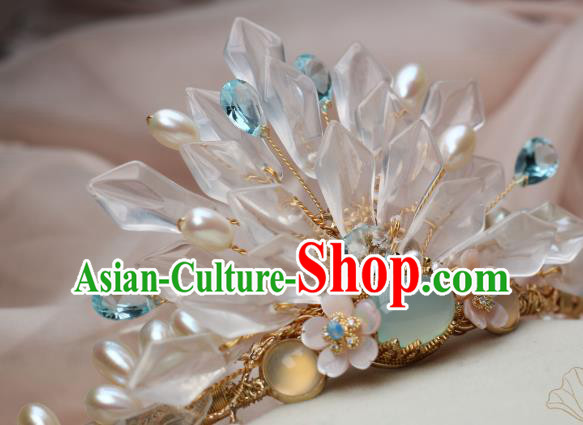Chinese Handmade White Crystal Hairpin Traditional Ming Dynasty Palace Lady Chalcedony Hair Crown