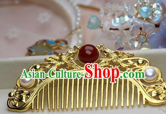 Chinese Handmade Agate Pearls Hairpin Traditional Ming Dynasty Empress Golden Hair Comb